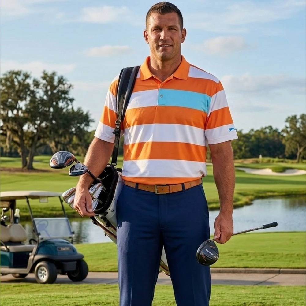 Slazenger Men’s Orange and White Striped Golf Polo XL